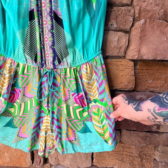 Hale Bob M Women Teal Green Geometric Floral Halter Romper Boho Summer Vacation - Picture 8 of 14